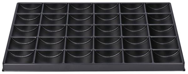 The image shows a rectangular black tray with 36 semi-circular indentations, arranged in a 6 x 6 grid. The indentations are evenly distributed and provide space for small objects.