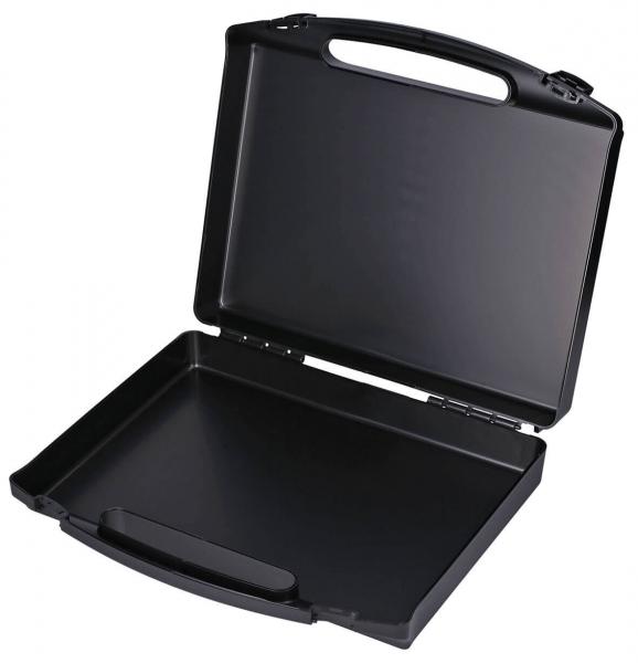 Das Bild zeigt eine schwarze Aktentasche mit einem schlichten, rechteckigen Design. Sie ist geöffnet, hat einen flachen Boden und einen Griff oben. Die Innenseite ist ebenfalls schwarz und leer.