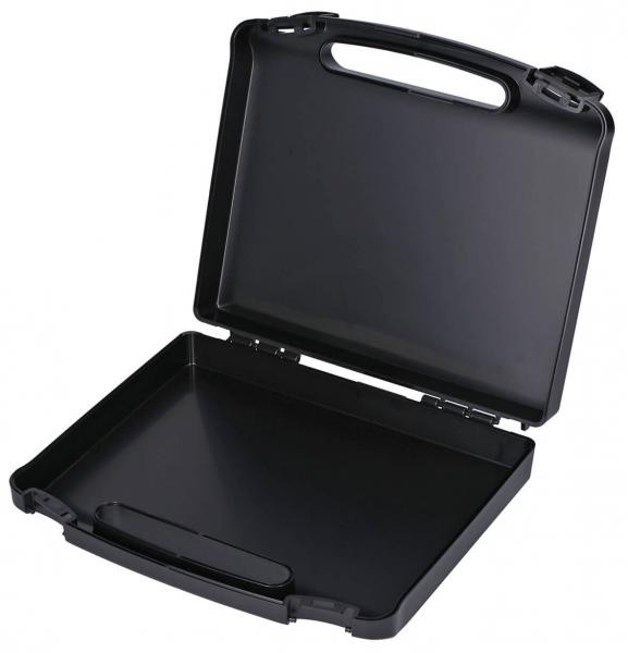 The image shows an opened, black briefcase. It has a sturdy handle and a hinge closure. The interior is empty and provides space for documents or other items.