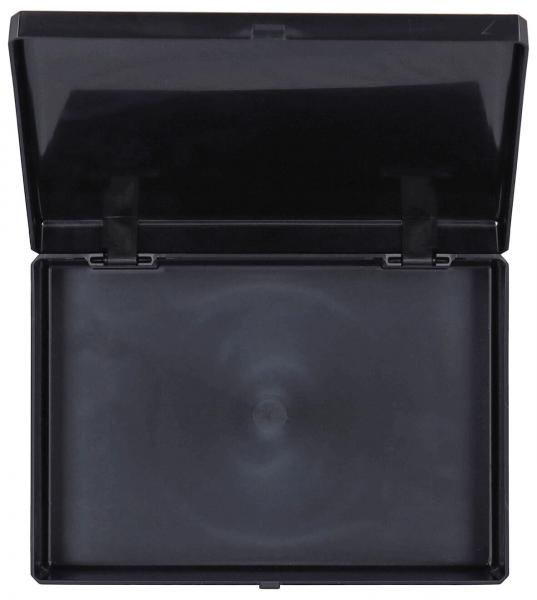 Das Bild zeigt eine schwarze, offene Box mit einem flachen Boden. Der Deckel ist oben und die Innenseite hat eine glatte, dunkle Oberfläche mit einem leicht wirbelnden Muster.