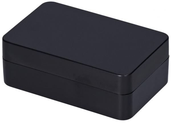 Das Bild zeigt eine rechteckige, mattschwarze Box mit abgerundeten Kanten. Sie hat einen glatten, einheitlichen Oberflächenfinish und wirkt schlicht und modern.