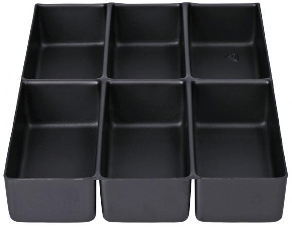Das Bild zeigt einen schwarzen Organizer mit acht gleich großen Fächern. Die Fächer sind in zwei Reihen und vier Spalten angeordnet, alle mit gleichen Abmessungen.