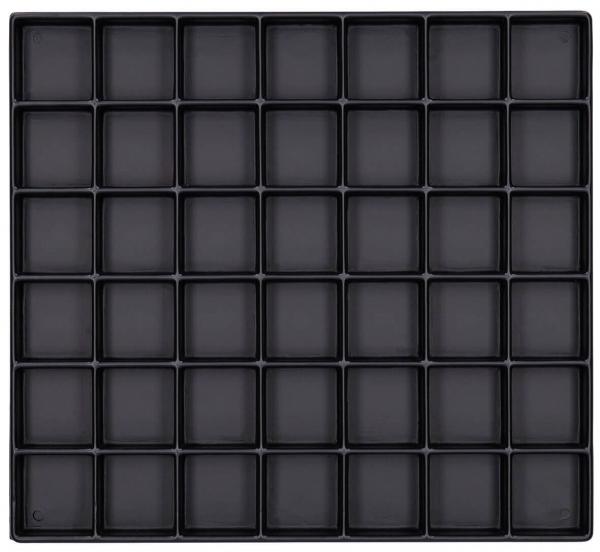 The image shows a square arrangement of 64 small, identical square compartments on a black background. All compartments are equally sized and also black.