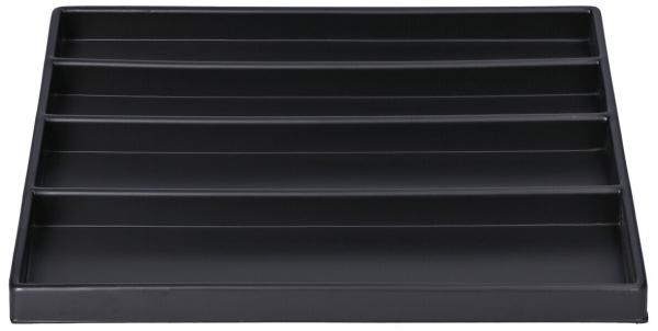 The image displays a flat, rectangular storage system in black with six slanted compartments. It is used for organized storage of documents or similar items.