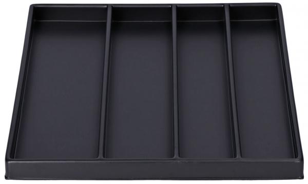 The image displays a square, flat container in matte black, divided into four equal compartments. It features a simple, modern design without a lid.