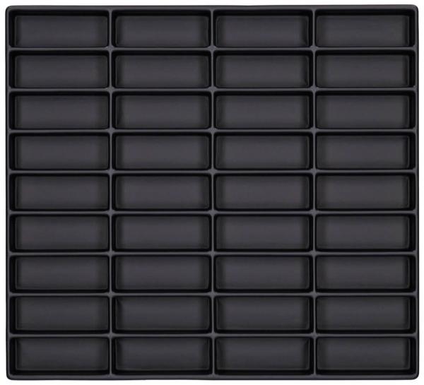 Das Bild zeigt ein quadratisches Gitter aus rechteckigen, flachen Fächern. Alle Fächer sind gleichmäßig angeordnet und haben eine schwarze Farbe. Es gibt insgesamt 48 Fächer in 6 Zeilen und 8 Spalten.