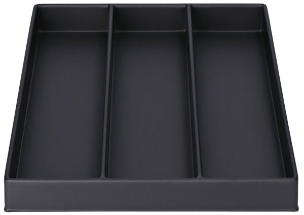 Das Bild zeigt eine flache, rechteckige Box in Schwarz, die durch zwei vertikale Wände in drei gleich große Fächer unterteilt ist. Ideal für die Organisation von Gegenständen.