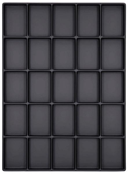 Das Bild zeigt ein rechteckiges, schwarzes Tablett mit 24 gleichmäßig angeordneten Vertiefungen, die in einem 6x4-Raster angeordnet sind. Die Vertiefungen sind rechteckig und gleich groß.
