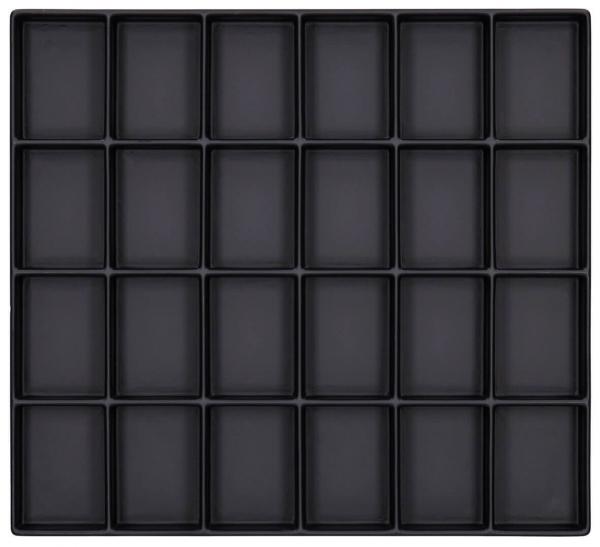 Das Bild zeigt ein Gitter aus 25 rechteckigen, schwarzen Fächern, angeordnet in fünf Reihen und fünf Spalten. Die Fächer sind gleich groß und schlichten Designs.