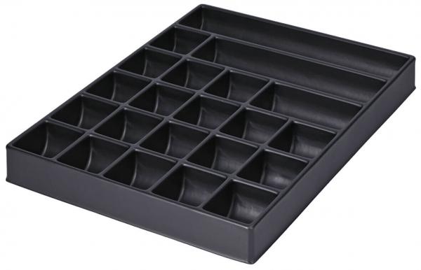Das Bild zeigt ein schwarzes Aufbewahrungstablett mit vielen kleinen Fächern. Es hat vier größere Abschnitte und mehrere kleinere, perfekt für die Organisation von Gegenständen.