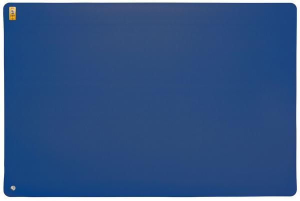 Das Bild zeigt eine große, einfarbige blaue Matte. Sie hat abgerundete Ecken und eine glatte Oberfläche. In der oberen linken Ecke befindet sich ein gelbes Logo.