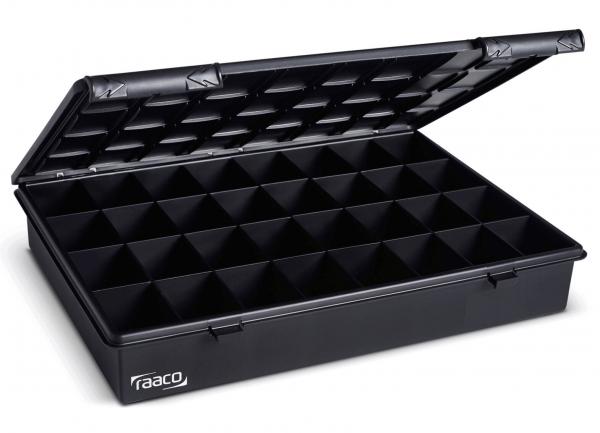 Das Bild zeigt eine schwarze, rechteckige Box mit einem aufklappbaren Deckel. Die Innenseite ist in viele kleine Fächer unterteilt, ideal zur Aufbewahrung kleiner Gegenstände.