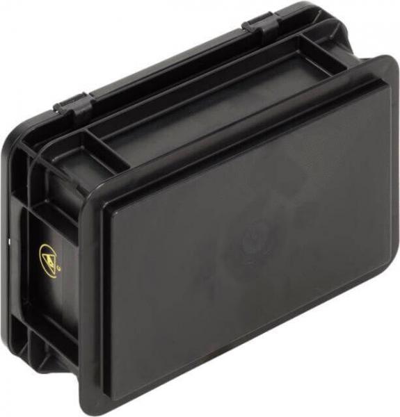 Das Bild zeigt eine schwarze, rechteckige Behälterbox mit abgerundeten Ecken und einem Deckel. Sie hat eine glatte Oberfläche und eine kleine Verschlussmechanik auf der Oberseite.