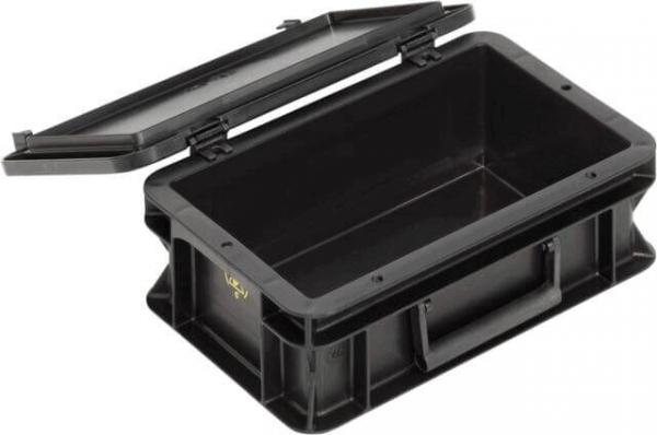 Das Bild zeigt eine schwarze, rechteckige Aufbewahrungsbox mit einem abnehmbaren Deckel. Die Box hat eine stabile Bauweise und einen seitlichen Griff. Innen ist sie leer und geräumig.