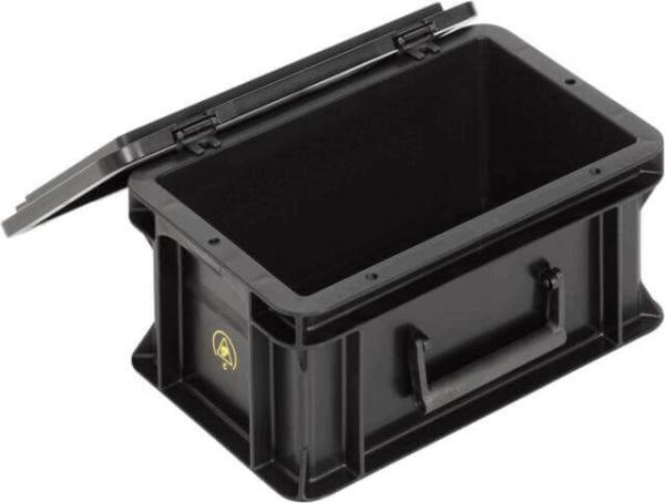 Das Bild zeigt eine schwarze, rechteckige Box mit einem aufklappbaren deckel. Die Box hat an den Seiten zwei griffige Hände und scheint robust und stabil zu sein.