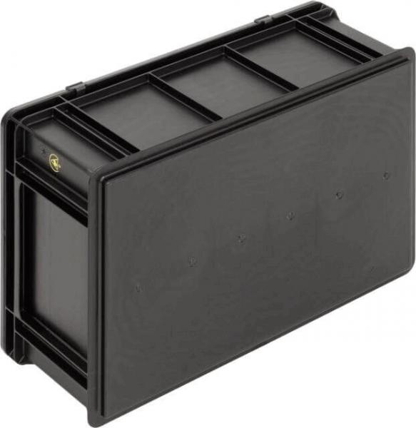 Das Bild zeigt eine schwarze, rechteckige Kunststoffbox mit einem flachen Deckel. Die Oberseite hat mehrere Längs- und Querstreifen. Sie ist stabil und kann zum Verstauen von Gegenständen verwendet werden.