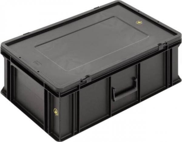 Das Bild zeigt eine schwarze, rechteckige Kunststoffbox mit einem flachen Deckel und seitlichen Griffen. Sie hat eine robuste Struktur und ist vielseitig einsetzbar.