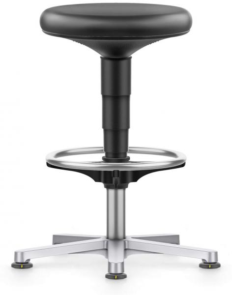 The stool has a round, black seat that sits on an adjustable, narrow stand. The base is made of chrome-plated metal with a five-ray foot for stability.