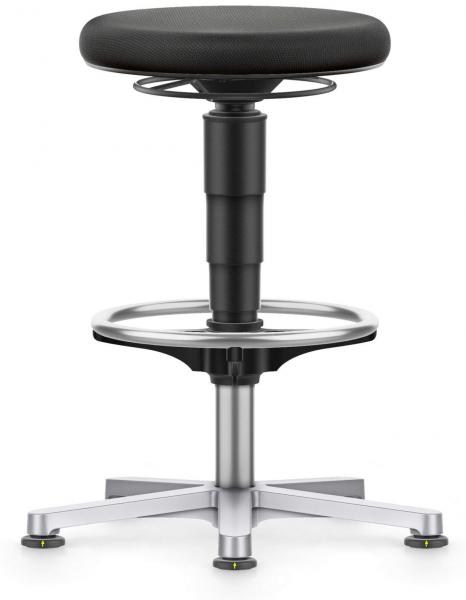 The bar stool has a round, black seat and an adjustable-height cylindrical stand. The base is made of shiny metal with five sturdy legs.