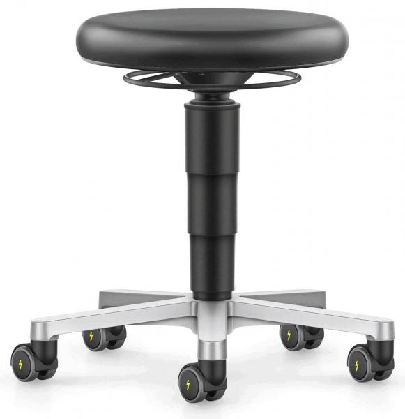 The image shows an adjustable swivel stool with a round black upholstered seat. The chair has a centrally positioned column and five casters on a silver base.