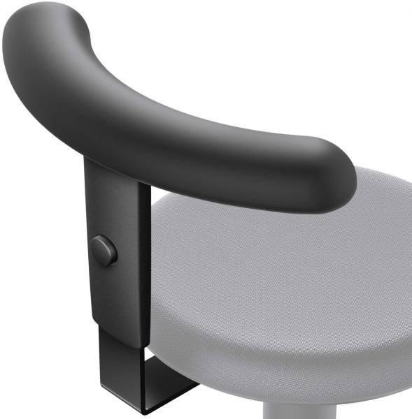 The image shows a part of an office chair. It has a round, gray seat and a black, padded armrest bracket that is slightly curved.