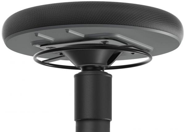 The image shows the underside of a stool. The round cushioned part is black and has a textured surface. Below it is a black column with a bracket.