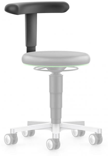 The image shows an adjustable office chair with a round, padded seat and a rounded backrest. It has a central base with five casters for mobility.