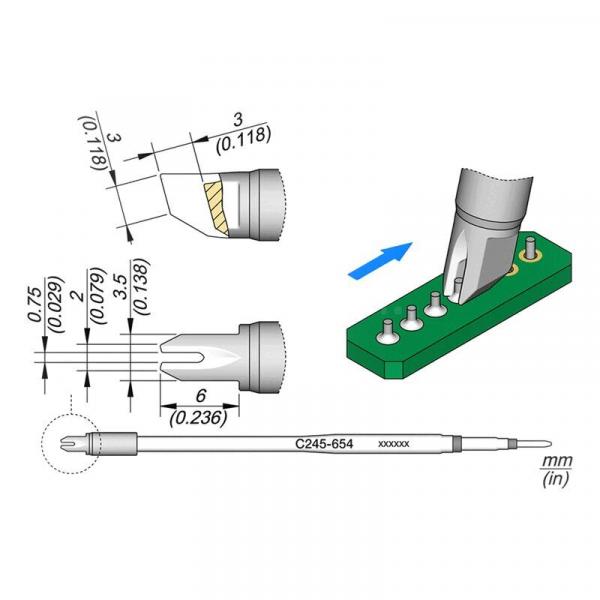 The image displays technical drawings of a component. At the top, dimensions and sketches of a head are shown. Below, a wire leads to a circuit board with contact points.