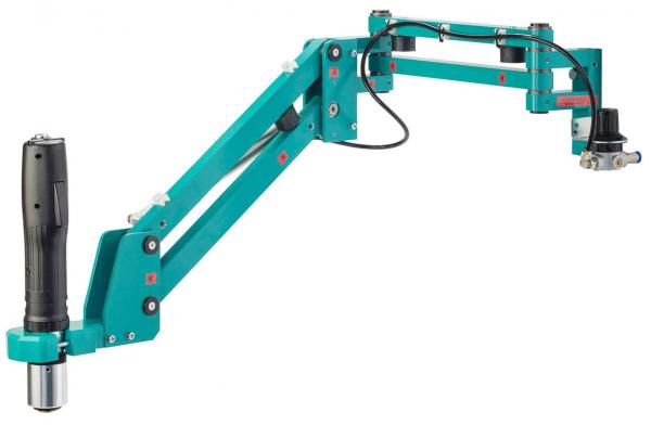 The image shows a mechanical arm in bold turquoise, consisting of several joints. At one end there is a tool handle, and at the other a work fixture.