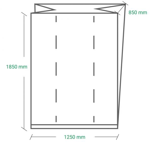 The image displays a technical drawing with a rectangle. The dimensions are 1850 mm in height, 1250 mm in width, and 850 mm at one corner. Dashed lines are drawn.