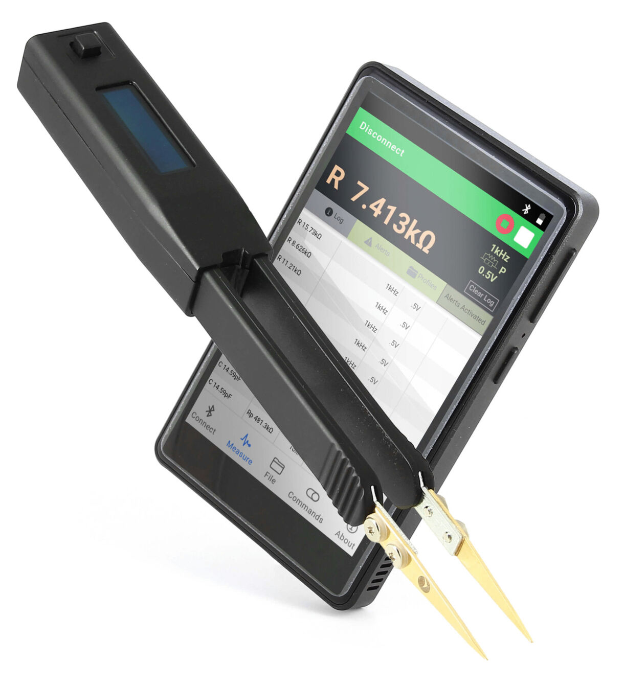 The image shows an electronic measuring device with a display where values can be read. It has two attachable clamps for conducting electrical measurements.