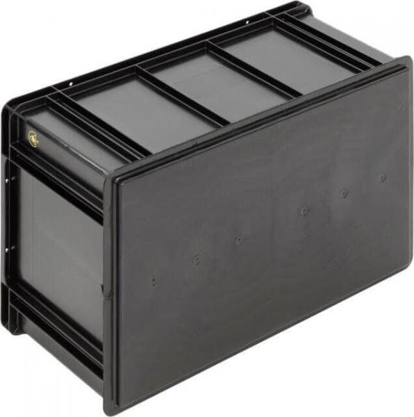 The image shows a rectangular, black plastic box with smooth walls and a flat top. It has side handles and is suitable for storing items.