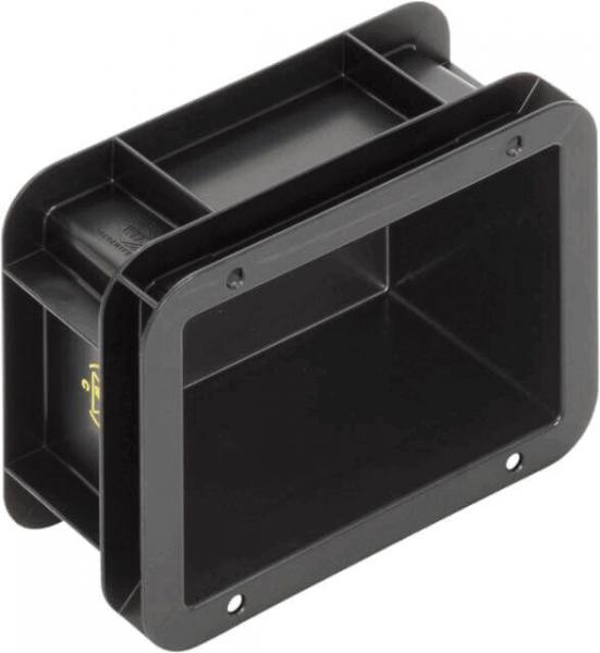 The image shows a rectangular, black plastic part with open sides. It has a textured surface and is hollow inside, with two holes for mounting. The edges are rounded.