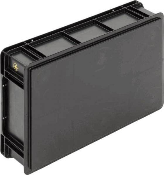The image shows a black, rectangular container with a smooth surface and textured sides. It has slightly protruding parts at the corners.