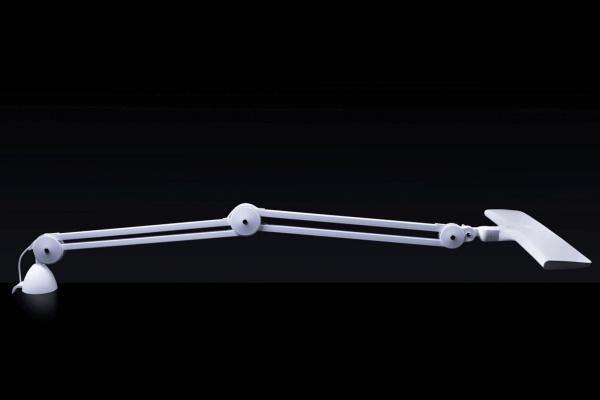 In the picture, there is a flexible, white desk lamp with a long arm and a rectangular lampshade. It rests on a round base. The background is black.