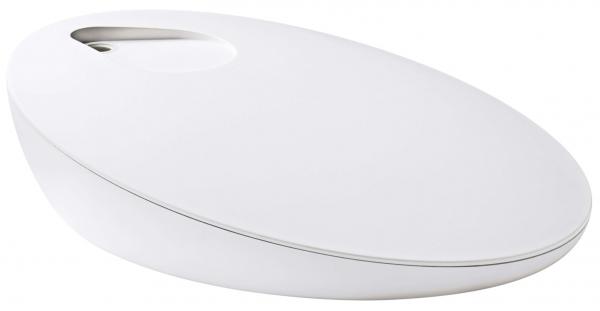 The image shows an oval, white object with a slightly curved shape. It has a small opening at the top, which may represent a function or an access point.