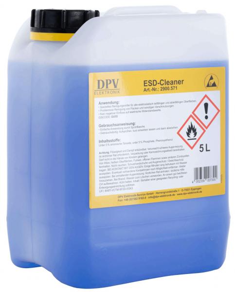 The image shows a blue plastic canister with yellow stickers. The canister contains 5 liters of ESD cleaner and warns of fire hazard. Printed application instructions are visible.