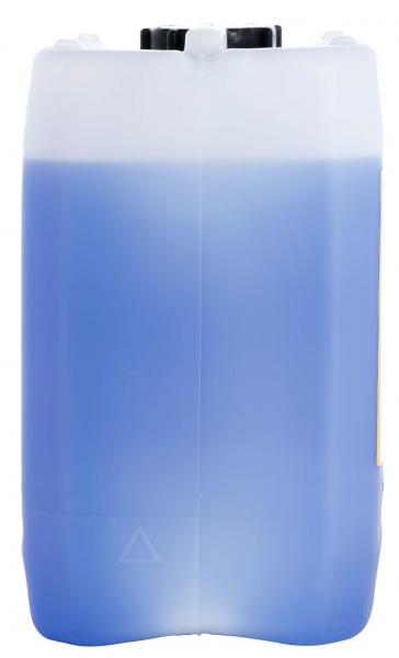 It is a large, rectangular plastic canister with rounded corners. The upper part is black and the lower part contains a blue liquid, filled up to the halfway point.