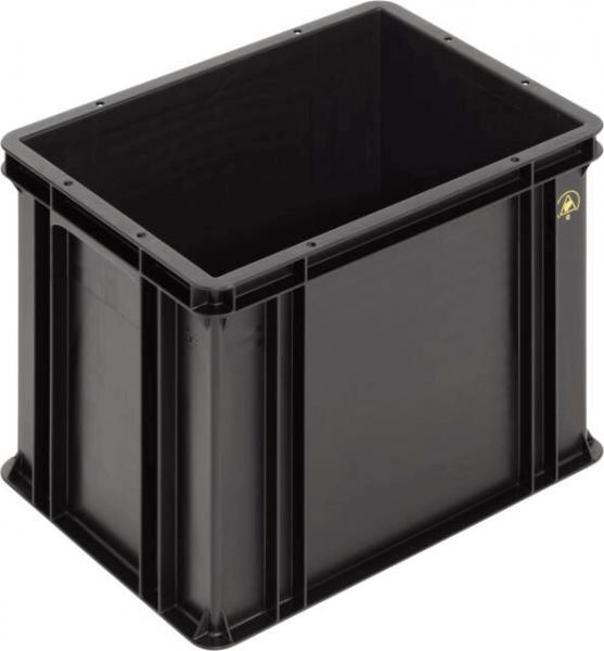 Das Bild zeigt eine rechteckige, schwarze Aufbewahrungsbox aus Kunststoff. Die Box hat glatte Wände und eine robuste Struktur, ideal zum Verstauen von Gegenständen.