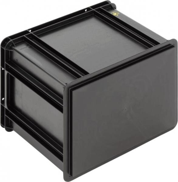 Das Bild zeigt eine quadratische, schwarze Kunststoffbox mit einem flachen Deckel. Sie hat eine robuste Struktur mit Rillen an den Seiten für Stabilität und einen minimalistischen, funktionalen Stil.