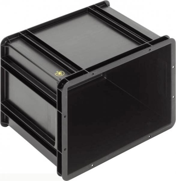 Das Bild zeigt eine schwarze, rechteckige Kunststoffbox ohne Deckel. Sie hat gerade Kanten und eine glatte Oberfläche. Die Innenfläche ist leer und zeigt die gegenüberliegenden Seiten.