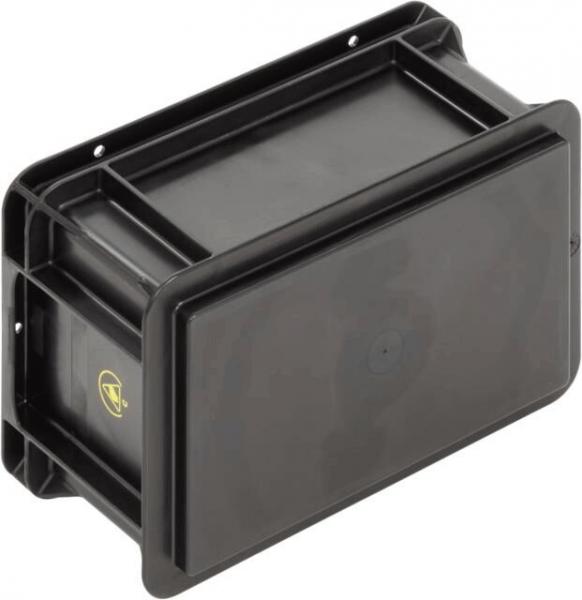 In the picture, there is a rectangular, flat container made of black plastic. It has rounded edges and holes for fastening. The surface is smooth and inconspicuous.