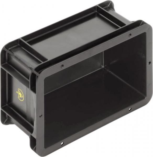 The image depicts a rectangular, black plastic container without a lid. It has rounded corners and sidewalls that taper slightly inward.