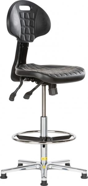 The image shows a black swivel stool with a padded seat and backrest. It has a metal base with a foot ring and is height adjustable.