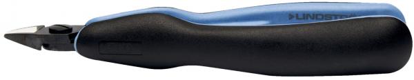 Das Bild zeigt einen ergonomisch geformten Griff mit schwarz-blauer Farbgestaltung und einer scharfen Kante am Ende. Es handelt sich um ein Werkzeug, möglicherweise einen Cutter oder eine Schere.