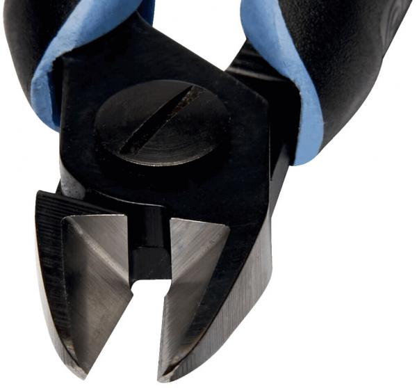 The image shows a pair of pliers with a sharp, angled cutting head and non-slip, blue handles. The head has a flat, wide opening, ideal for cutting wires.