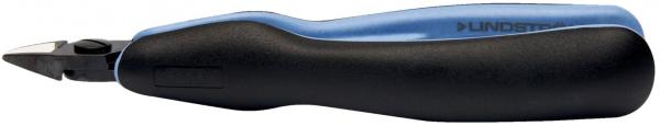 The image shows a black cutter with a blue handle. The blade is narrow and pointed, suitable for cutting materials. The handle is ergonomically shaped for better grip.