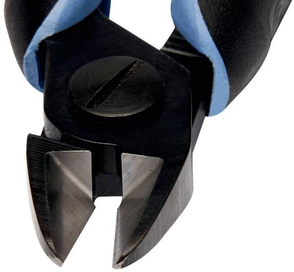 The image shows a pair of pliers with a black head and blue handles. The cutting edge is sharp and pointed, ideal for cutting wires or small objects.
