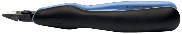 The image shows a black pen with a blue grip surface. The tip is narrow and has a sharp edge, suitable for cutting or drawing. Ergonomically designed.