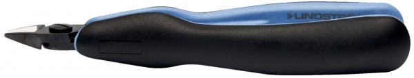 The image shows a black blade holder with a blue handle. The blade is sharp and slightly tilted forward, indicating a tool for cutting.